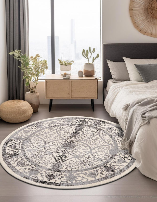 Ivory and Gray 12' 2 x 12' 2 La Jolla Round Area Rug 100% Polypropylene Traditional Pattern Easy Clean Carpet for Living, Dining, Bedroom, Office for Sale at Rug Engine