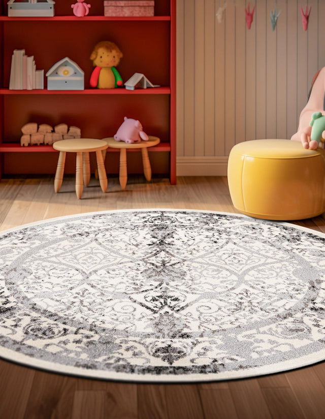 Ivory and Gray 12' 2 x 12' 2 La Jolla Round Area Rug 100% Polypropylene Traditional Pattern Easy Clean Carpet for Living, Dining, Bedroom, Office for Sale at Rug Engine