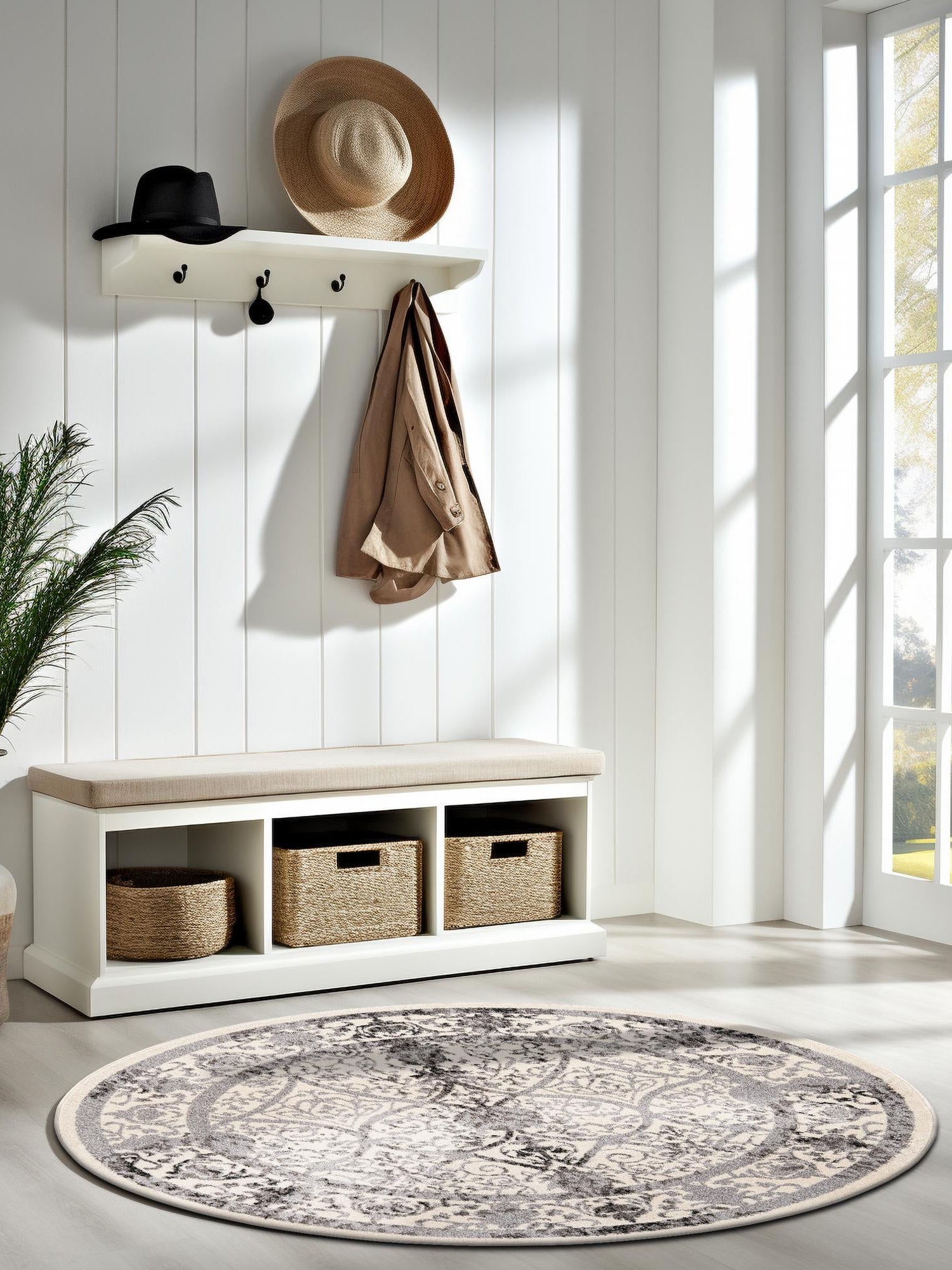 Ivory and Gray 7' 10 x 7' 10 La Jolla Round Area Rug 100% Polypropylene Traditional Pattern Easy Clean Carpet for Living, Dining, Bedroom, Office for Sale at Rug Engine