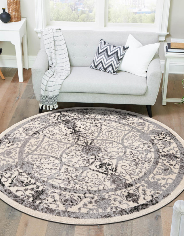 Ivory and Gray 12' 2 x 12' 2 La Jolla Round Area Rug 100% Polypropylene Traditional Pattern Easy Clean Carpet for Living, Dining, Bedroom, Office for Sale at Rug Engine