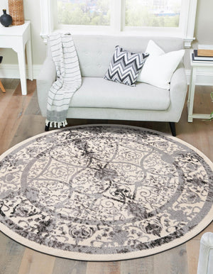 Ivory and Gray 3' 1 x 3' 1 La Jolla Round Area Rug 100% Polypropylene Traditional Pattern Easy Clean Carpet for Living, Dining, Bedroom, Office for Sale at Rug Engine
