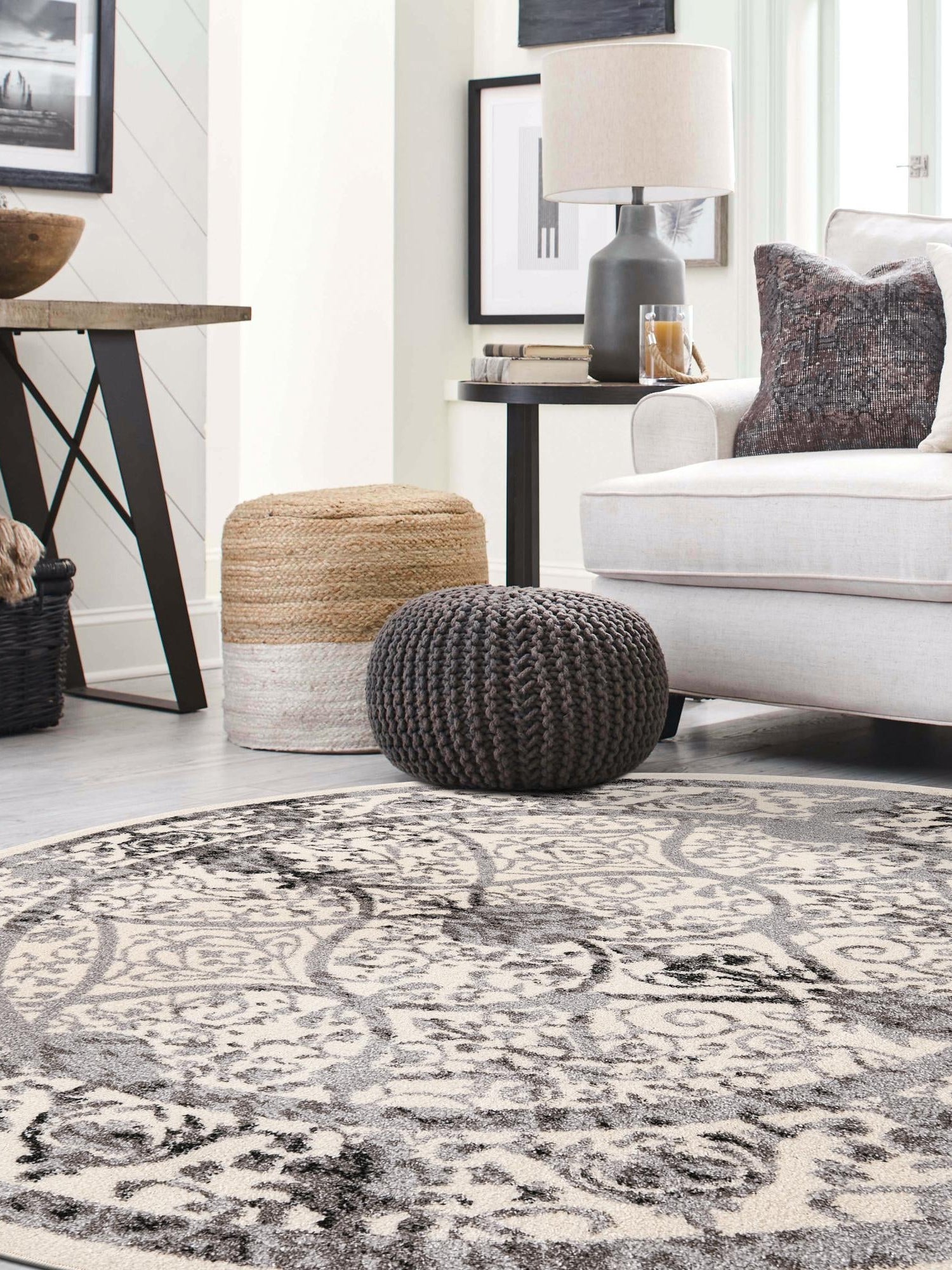 Ivory and Gray 3' 1 x 3' 1 La Jolla Round Area Rug 100% Polypropylene Traditional Pattern Easy Clean Carpet for Living, Dining, Bedroom, Office for Sale at Rug Engine