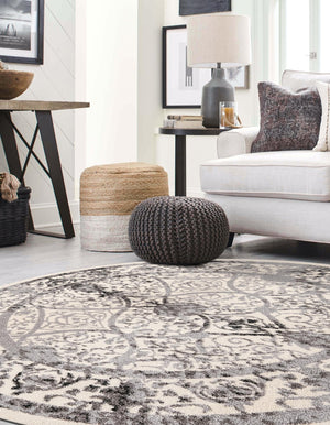 Ivory and Gray 3' 1 x 3' 1 La Jolla Round Area Rug 100% Polypropylene Traditional Pattern Easy Clean Carpet for Living, Dining, Bedroom, Office for Sale at Rug Engine