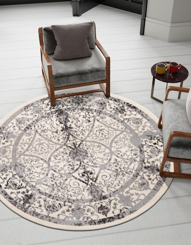 Ivory and Gray 12' 2 x 12' 2 La Jolla Round Area Rug 100% Polypropylene Traditional Pattern Easy Clean Carpet for Living, Dining, Bedroom, Office for Sale at Rug Engine