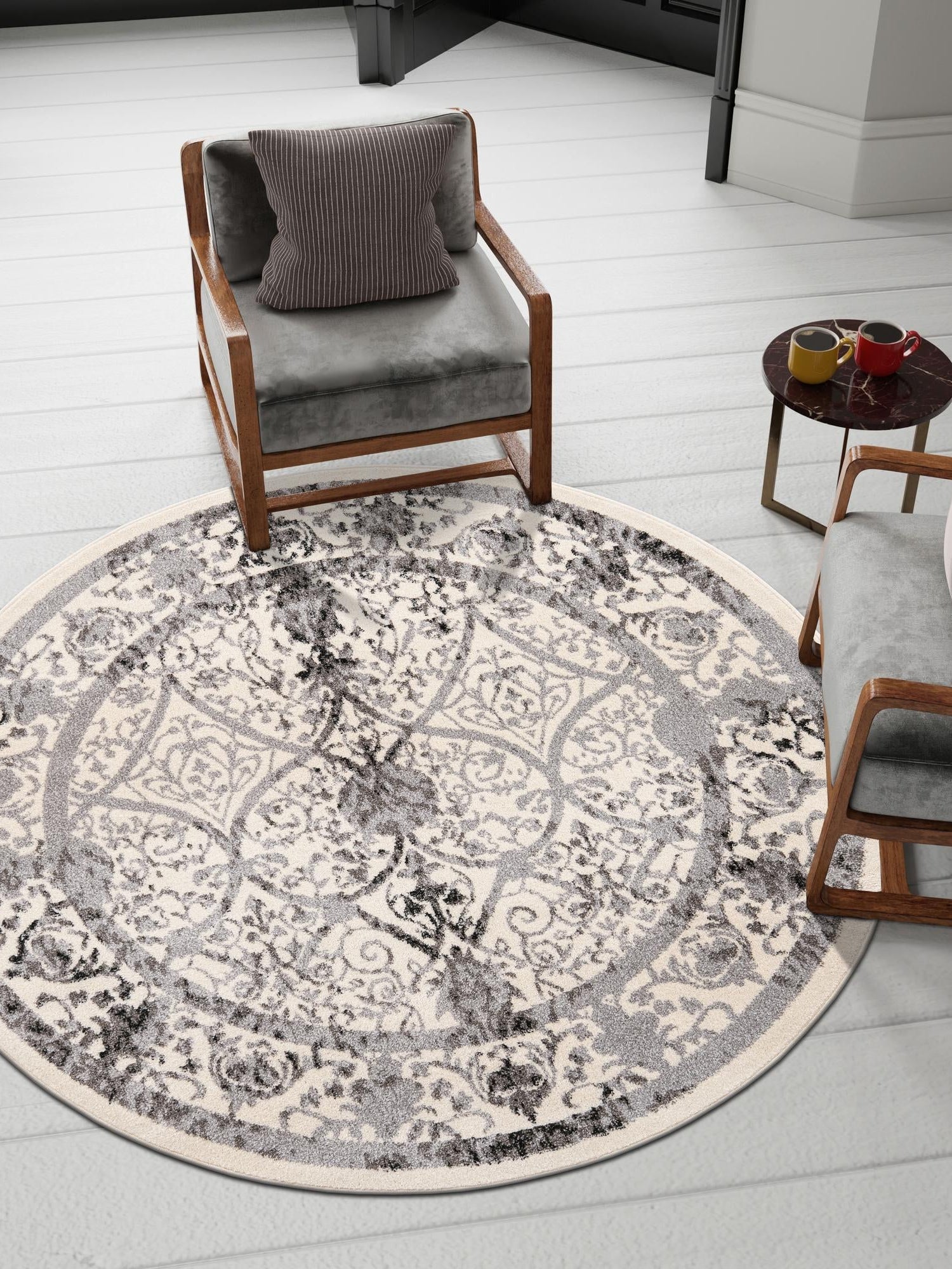 Ivory and Gray 6' 1 x 6' 1 La Jolla Round Area Rug 100% Polypropylene Traditional Pattern Easy Clean Carpet for Living, Dining, Bedroom, Office for Sale at Rug Engine