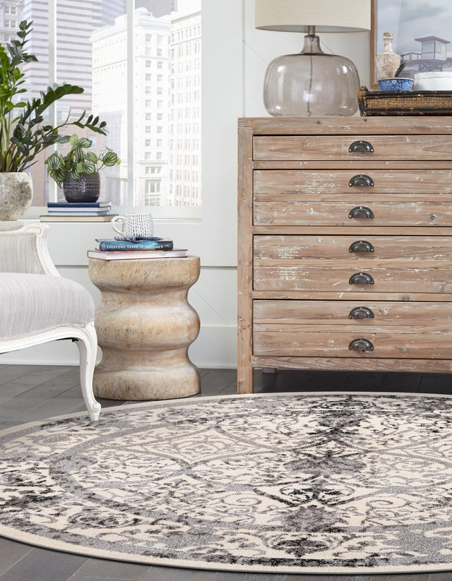 Ivory and Gray 12' 2 x 12' 2 La Jolla Round Area Rug 100% Polypropylene Traditional Pattern Easy Clean Carpet for Living, Dining, Bedroom, Office for Sale at Rug Engine