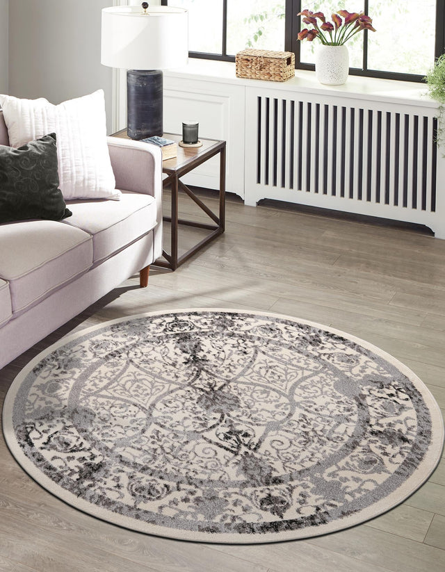 Ivory and Gray 12' 2 x 12' 2 La Jolla Round Area Rug 100% Polypropylene Traditional Pattern Easy Clean Carpet for Living, Dining, Bedroom, Office for Sale at Rug Engine