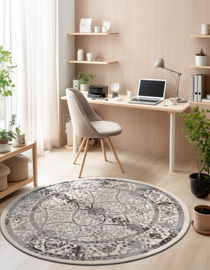 Ivory and Gray 12' 2 x 12' 2 La Jolla Round Area Rug 100% Polypropylene Traditional Pattern Easy Clean Carpet for Living, Dining, Bedroom, Office for Sale at Rug Engine