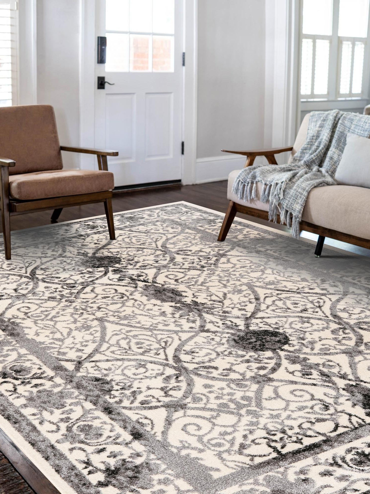 Ivory and Gray 5' 3 x 8' La Jolla Rectangle Area Rug 100% Polypropylene Traditional Pattern Easy Clean Carpet for Living, Dining, Bedroom, Office for Sale at Rug Engine