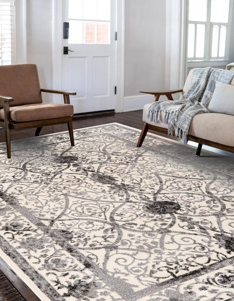 Ivory and Gray 5' 3 x 8' La Jolla Rectangle Area Rug 100% Polypropylene Traditional Pattern Easy Clean Carpet for Living, Dining, Bedroom, Office for Sale at Rug Engine
