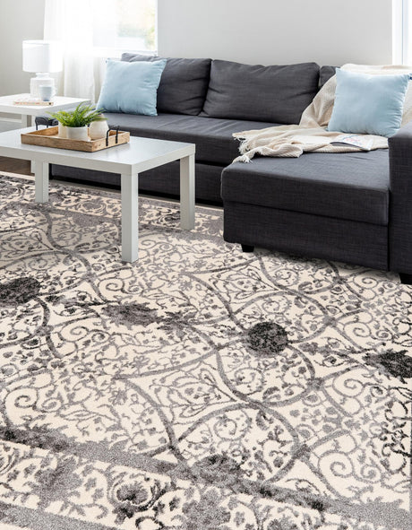 Ivory and Gray 5' 3 x 8' La Jolla Rectangle Area Rug 100% Polypropylene Traditional Pattern Easy Clean Carpet for Living, Dining, Bedroom, Office for Sale at Rug Engine
