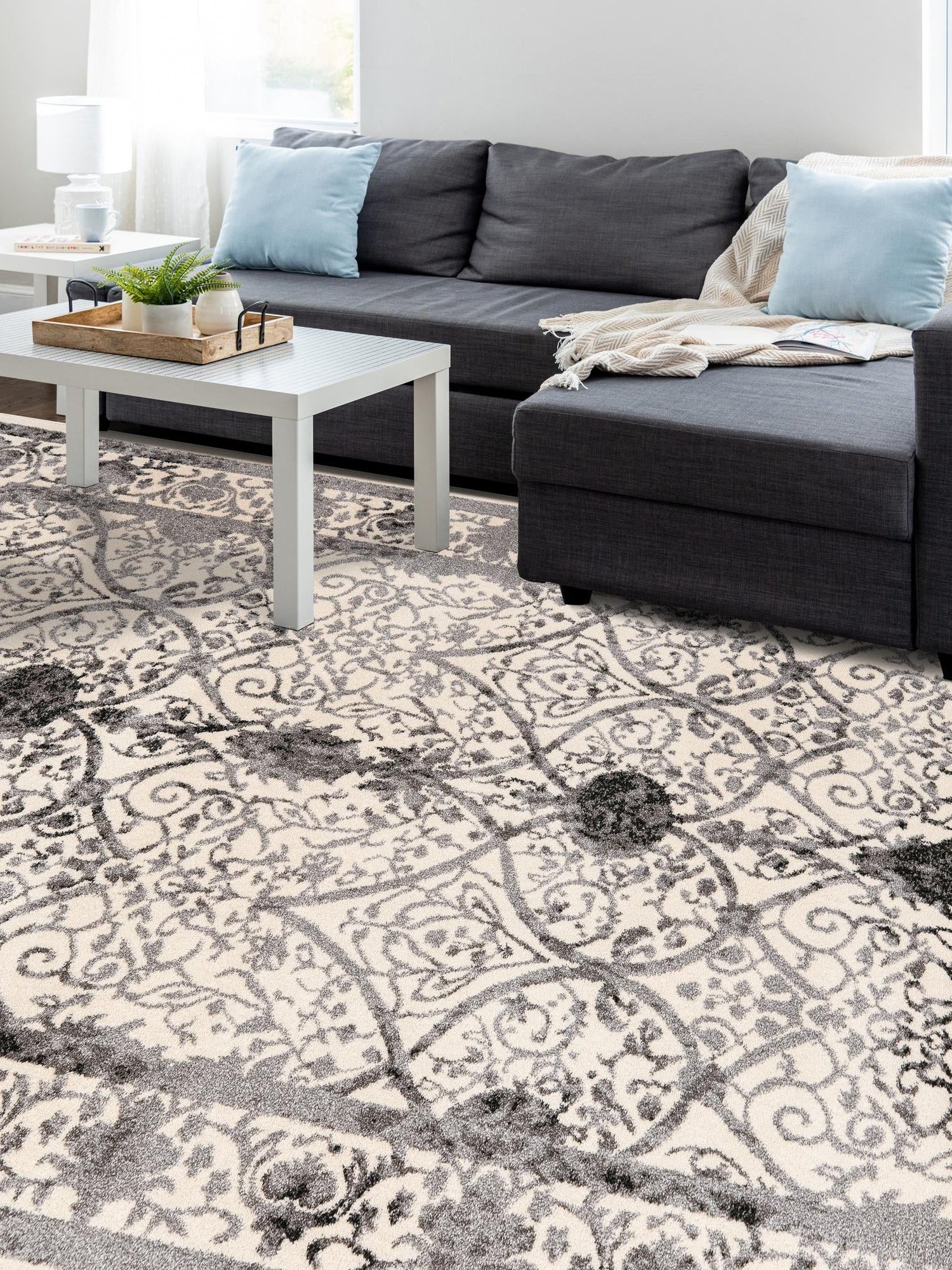Ivory and Gray 6' 1 x 9' La Jolla Rectangle Area Rug 100% Polypropylene Traditional Pattern Easy Clean Carpet for Living, Dining, Bedroom, Office for Sale at Rug Engine