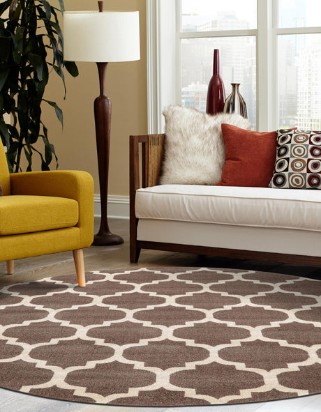 Brown 10' x 10' Trellis Round Area Rug Geometric Modern Unique Durable Easy Clean Carpet for Contemporary Interior Design for Sale at Rug Engine
