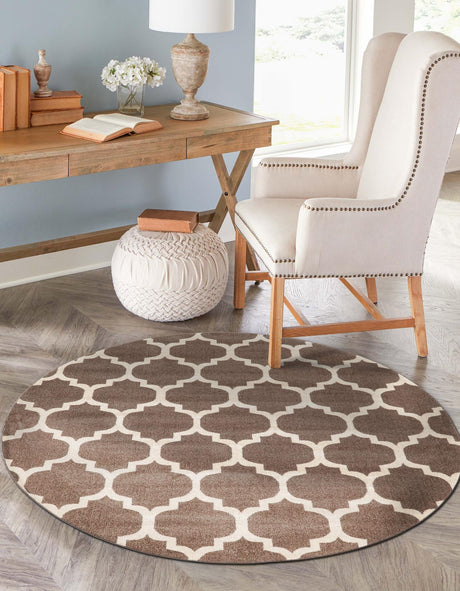 Brown 3' 1 x 3' 1 Trellis Round Area Rug Geometric Modern Unique Durable Easy Clean Carpet for Contemporary Interior Design for Sale at Rug Engine