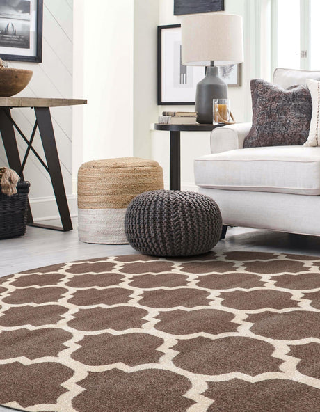 Brown 6' 1 x 6' 1 Trellis Round Area Rug Geometric Modern Unique Durable Easy Clean Carpet for Contemporary Interior Design for Sale at Rug Engine