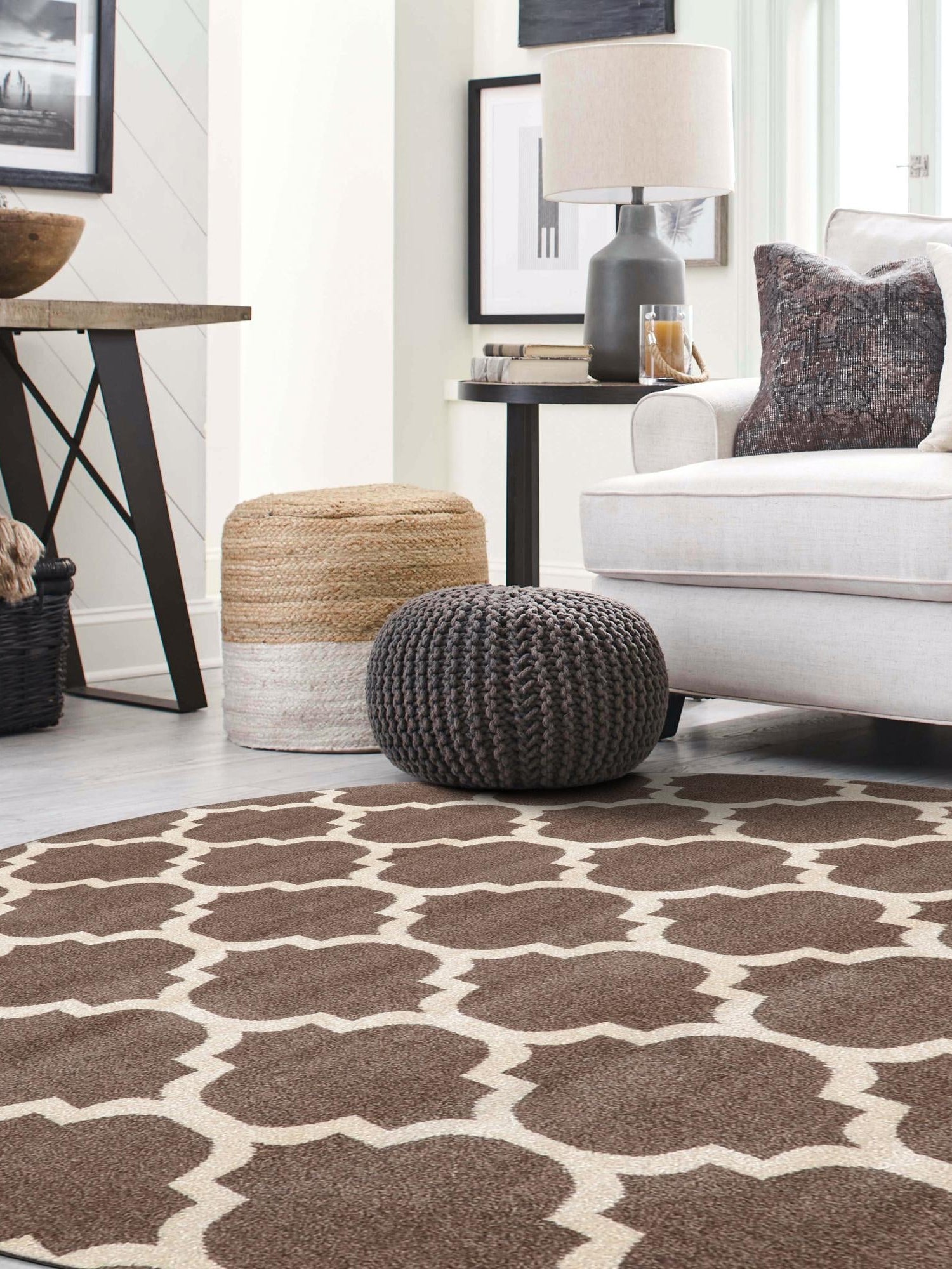 Brown 10' x 10' Trellis Round Area Rug