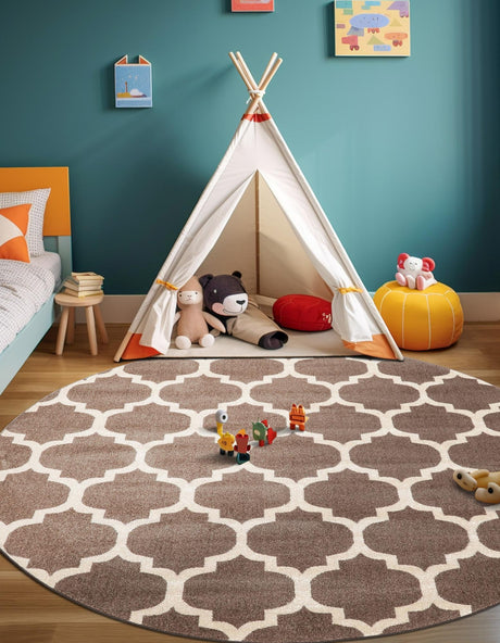 Brown 6' 1 x 6' 1 Trellis Round Area Rug Geometric Modern Unique Durable Easy Clean Carpet for Contemporary Interior Design for Sale at Rug Engine