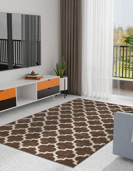 Brown 5' 3 x 8' Trellis Rectangle Area Rug Geometric Modern Unique Durable Easy Clean Carpet for Contemporary Interior Design for Sale at Rug Engine