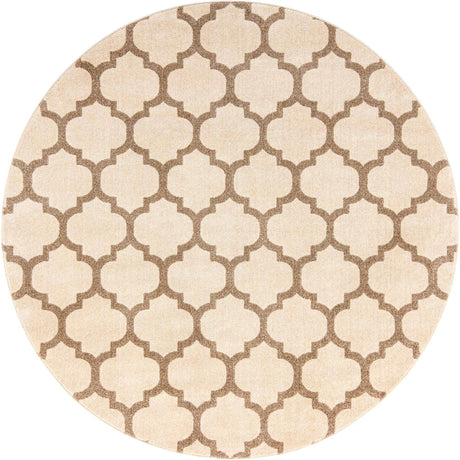 Beige and Light Brown 7' 10 x 7' 10 Trellis Round Area Rug