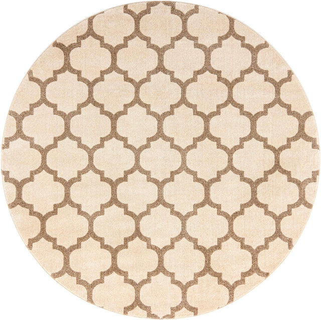 Beige and Light Brown 7' 10 x 7' 10 Trellis Round Area Rug