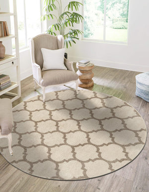 Beige and Light Brown 6' 1 x 6' 1 Trellis Round Area Rug