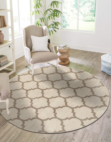 Beige and Light Brown 3' 1 x 3' 1 Trellis Round Area Rug