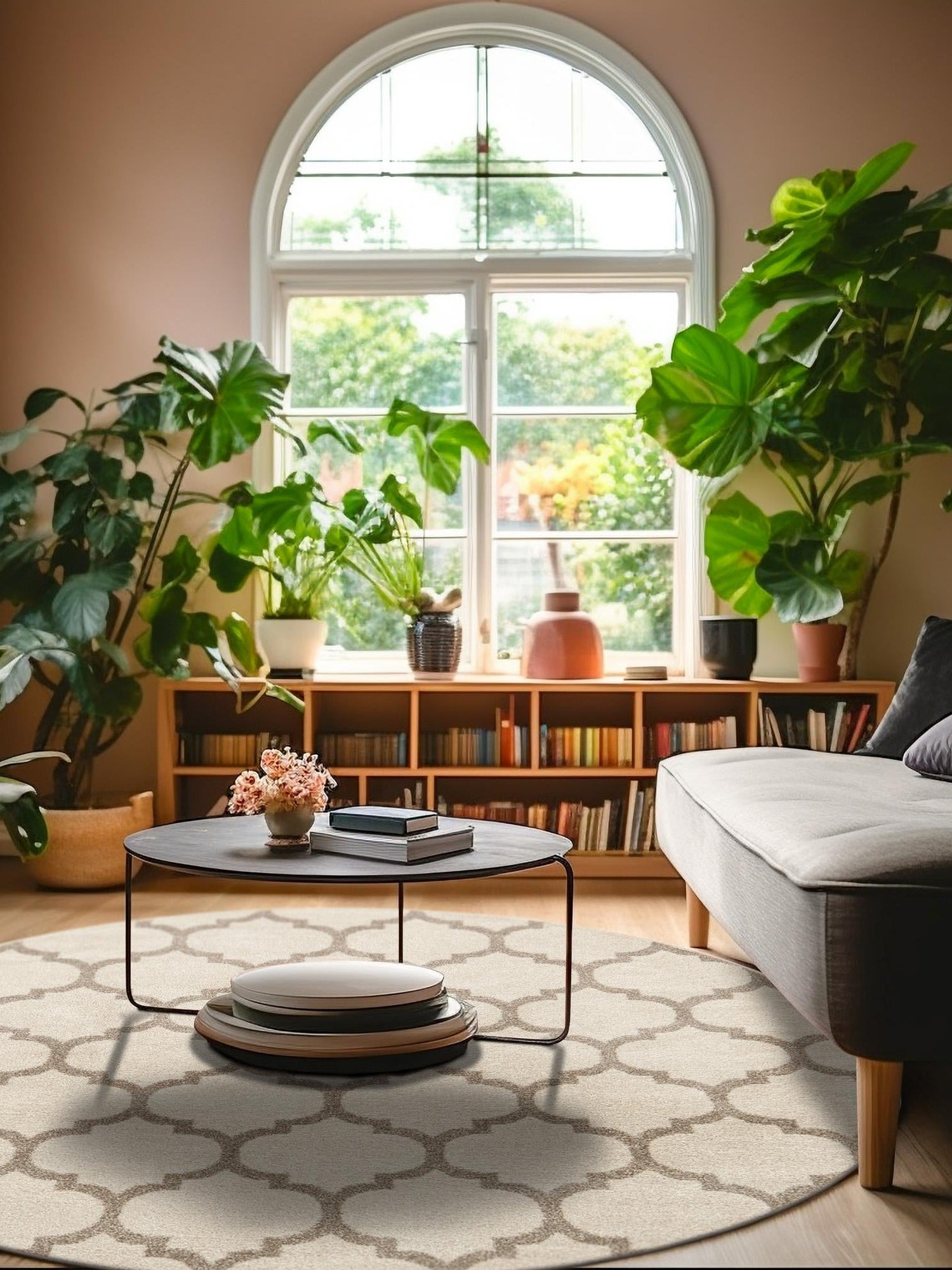 Beige and Light Brown 12' 2 x 12' 2 Trellis Round Area Rug