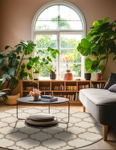 Beige and Light Brown 10' x 10' Trellis Round Area Rug Geometric Modern Unique Durable Easy Clean Carpet for Contemporary Interior Design for Sale at Rug Engine