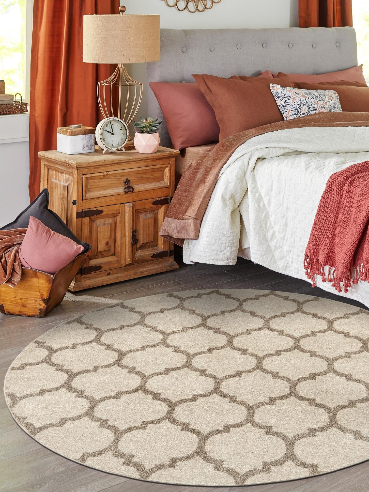 Beige and Light Brown 10' x 10' Trellis Round Area Rug