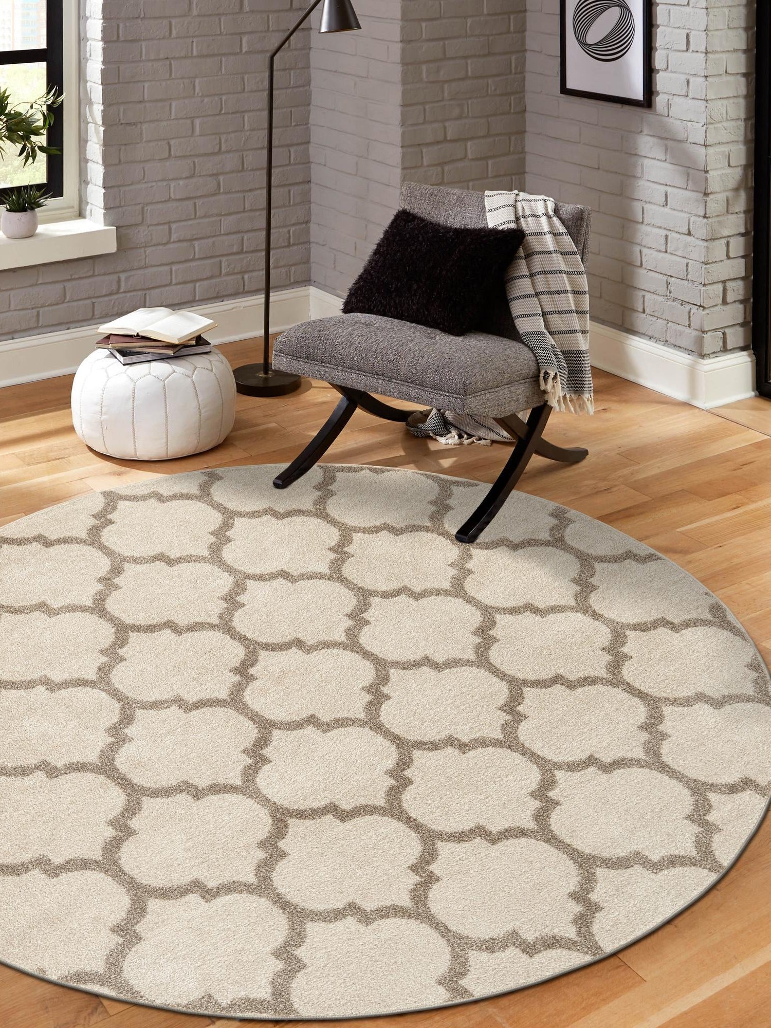 Beige and Light Brown 10' x 10' Trellis Round Area Rug