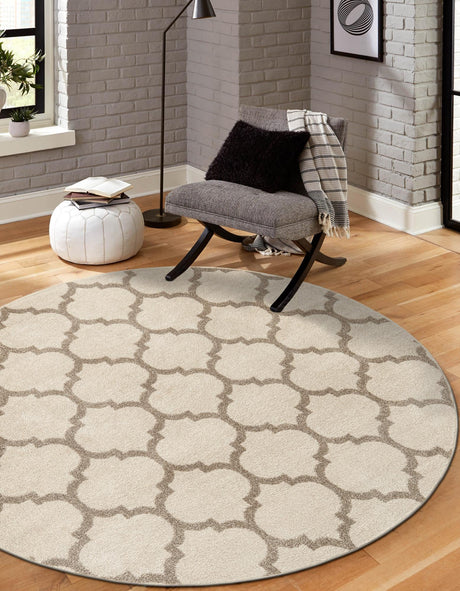 Beige and Light Brown 10' x 10' Trellis Round Area Rug Geometric Modern Unique Durable Easy Clean Carpet for Contemporary Interior Design for Sale at Rug Engine