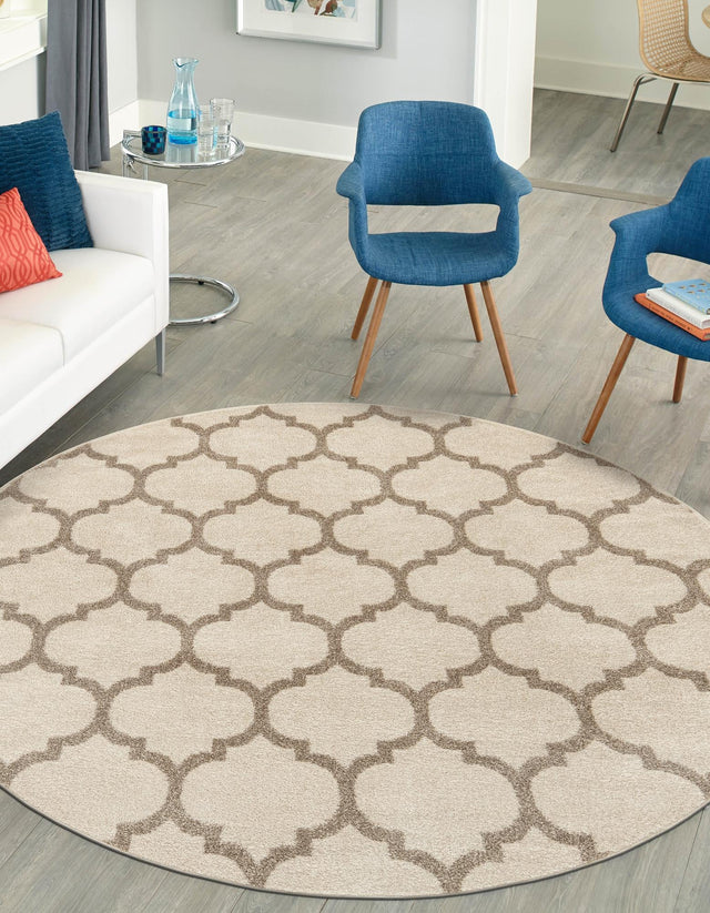 Beige and Light Brown 3' 1 x 3' 1 Trellis Round Area Rug