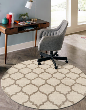 Beige and Light Brown 3' 1 x 3' 1 Trellis Round Area Rug