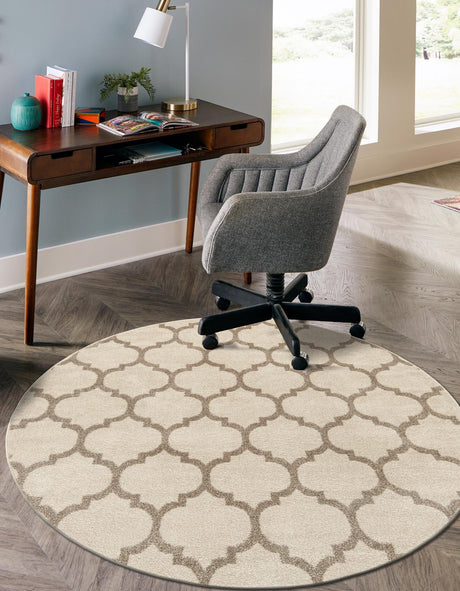 Beige and Light Brown 3' 1 x 3' 1 Trellis Round Area Rug Geometric Modern Unique Durable Easy Clean Carpet for Contemporary Interior Design for Sale at Rug Engine