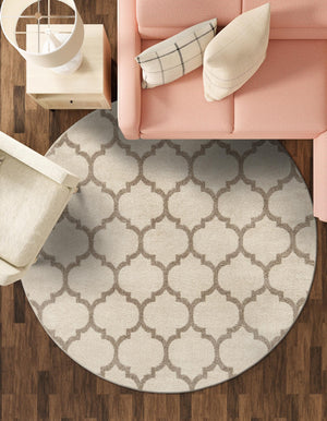 Beige and Light Brown 3' 1 x 3' 1 Trellis Round Area Rug