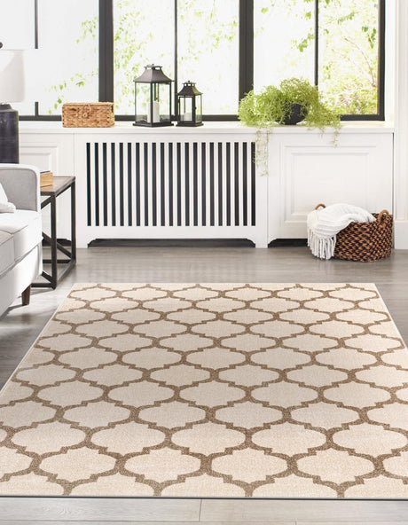 Beige and Light Brown 7' 10 x 11' Trellis Rectangle Area Rug Geometric Modern Unique Durable Easy Clean Carpet for Contemporary Interior Design for Sale at Rug Engine