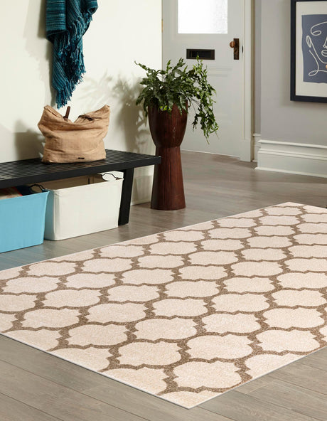 Beige and Light Brown 4' 1 x 6' 1 Trellis Rectangle Area Rug Geometric Modern Unique Durable Easy Clean Carpet for Contemporary Interior Design for Sale at Rug Engine