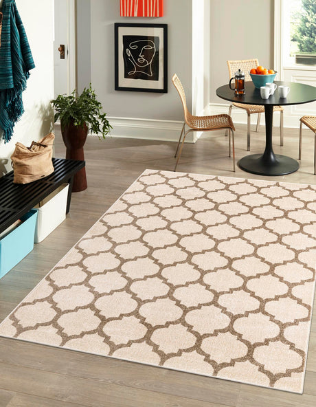 Beige and Light Brown 7' 10 x 11' Trellis Rectangle Area Rug Geometric Modern Unique Durable Easy Clean Carpet for Contemporary Interior Design for Sale at Rug Engine
