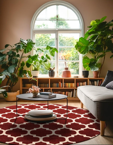Dark Terracotta 10' x 10' Trellis Round Area Rug Geometric Modern Unique Durable Easy Clean Carpet for Contemporary Interior Design for Sale at Rug Engine