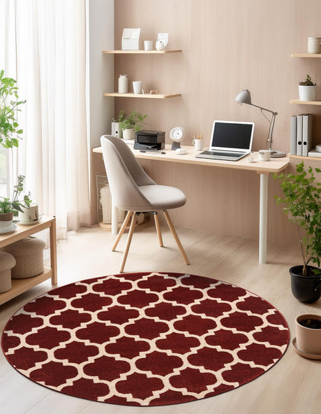 Dark Terracotta 6' 1 x 6' 1 Trellis Round Area Rug Geometric Modern Unique Durable Easy Clean Carpet for Contemporary Interior Design for Sale at Rug Engine