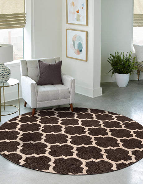 Chocolate Brown 3' 1 x 3' 1 Trellis Round Area Rug Geometric Modern Unique Durable Easy Clean Carpet for Contemporary Interior Design for Sale at Rug Engine