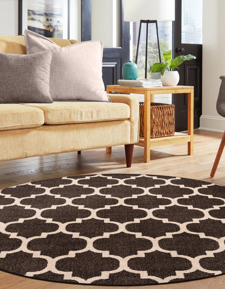 Chocolate Brown 7' 10 x 7' 10 Trellis Round Area Rug Geometric Modern Unique Durable Easy Clean Carpet for Contemporary Interior Design for Sale at Rug Engine