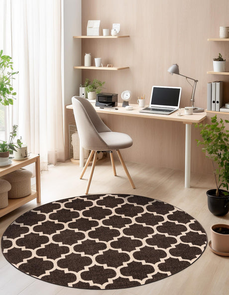 Chocolate Brown 3' 1 x 3' 1 Trellis Round Area Rug Geometric Modern Unique Durable Easy Clean Carpet for Contemporary Interior Design for Sale at Rug Engine