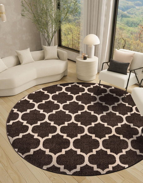 Chocolate Brown 3' 1 x 3' 1 Trellis Round Area Rug Geometric Modern Unique Durable Easy Clean Carpet for Contemporary Interior Design for Sale at Rug Engine