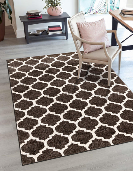 Chocolate Brown 6' 1 x 9' Trellis Rectangle Area Rug Geometric Modern Unique Durable Easy Clean Carpet for Contemporary Interior Design for Sale at Rug Engine