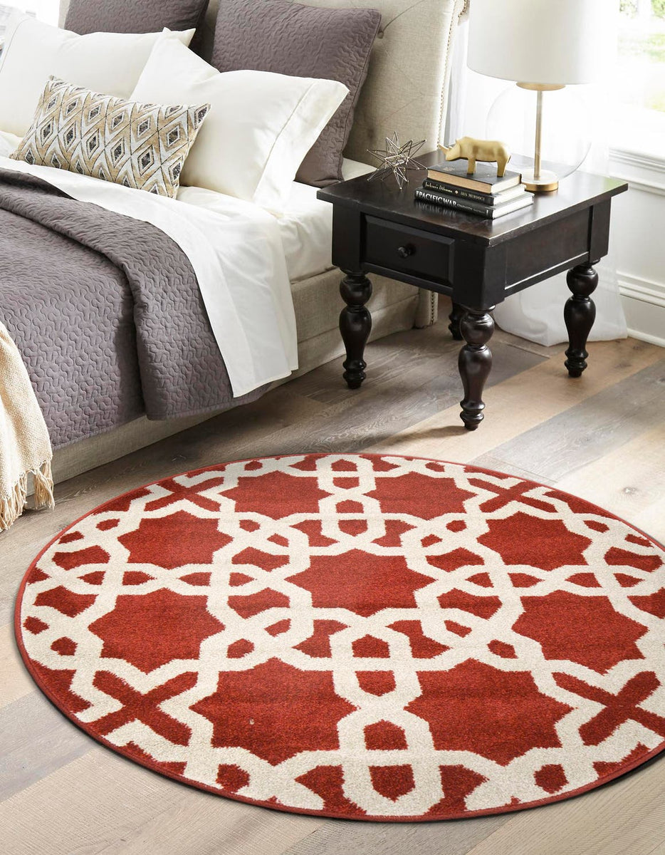 Dark Terracotta 3' 3 x 3' 3 Trellis Round Area Rug Geometric Modern Un ...
