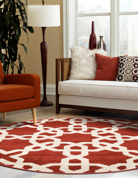 Dark Terracotta 3' 3 x 3' 3 Trellis Round Area Rug Geometric Modern Unique Durable Easy Clean Carpet for Contemporary Interior Design for Sale at Rug Engine