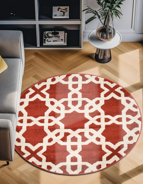 Dark Terracotta 3' 3 x 3' 3 Trellis Round Area Rug Geometric Modern Unique Durable Easy Clean Carpet for Contemporary Interior Design for Sale at Rug Engine