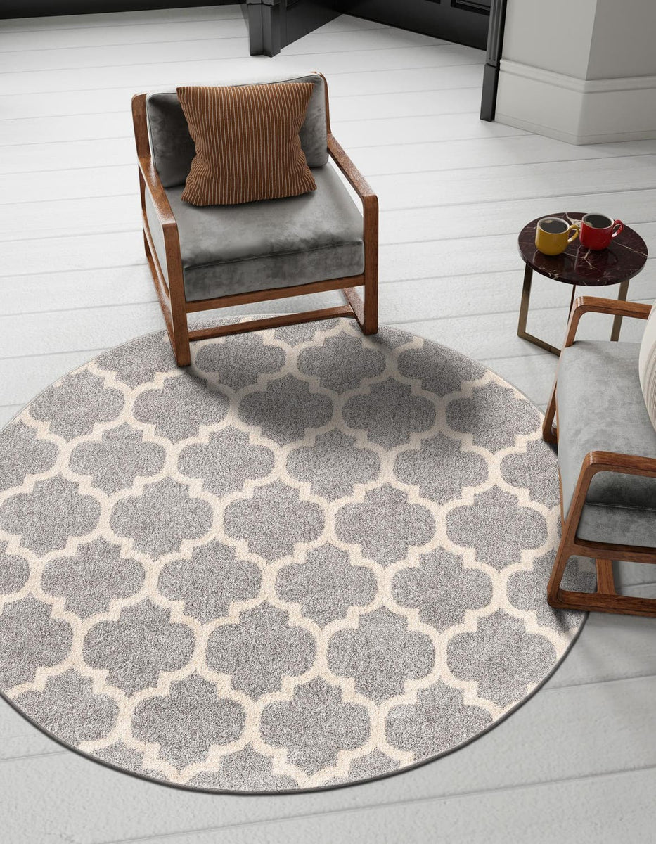 Off Center Rugs Light Gray 7' 10 x 7' 10 Trellis Round Area Rug Geometric Modern Uniqu ...