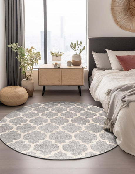 Light Gray 6' 1 x 6' 1 Trellis Round Area Rug Geometric Modern Unique Durable Easy Clean Carpet for Contemporary Interior Design for Sale at Rug Engine